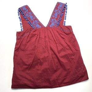 J. Crew Women's Sleeveless Embroidered Top Pom Trim Maroon Blue Cotton Size 8